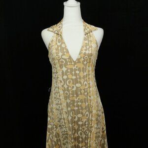 Vintage Silk Dress Boho Pattern Halter Sleeveless Beige Size S
